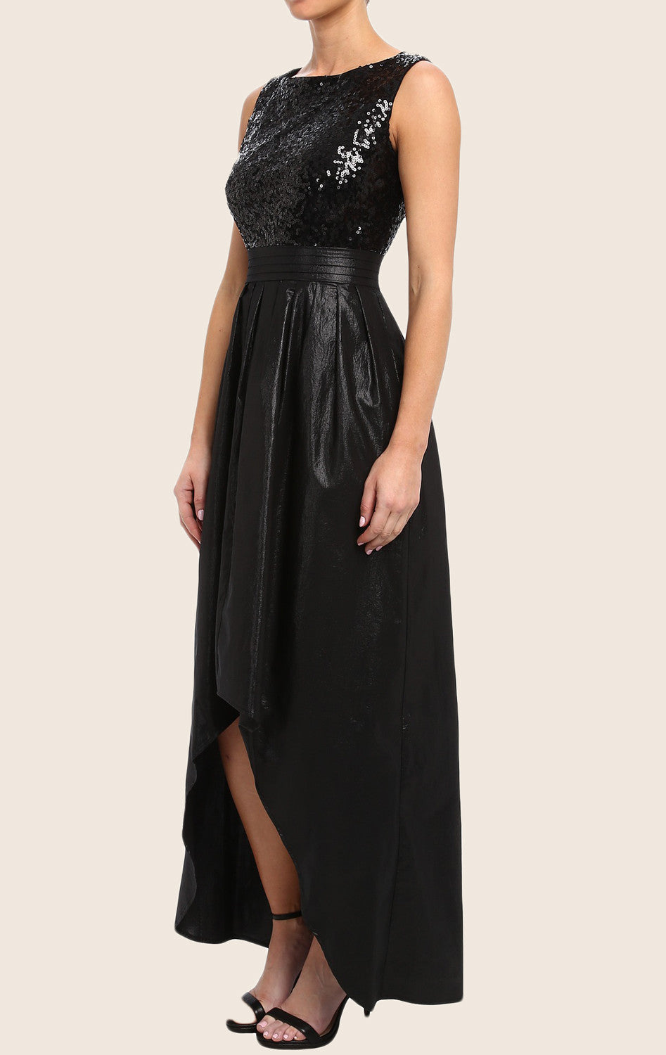 MACloth Straps O Neck High Low Prom Dress Black Sequin Taffeta Formal Gown