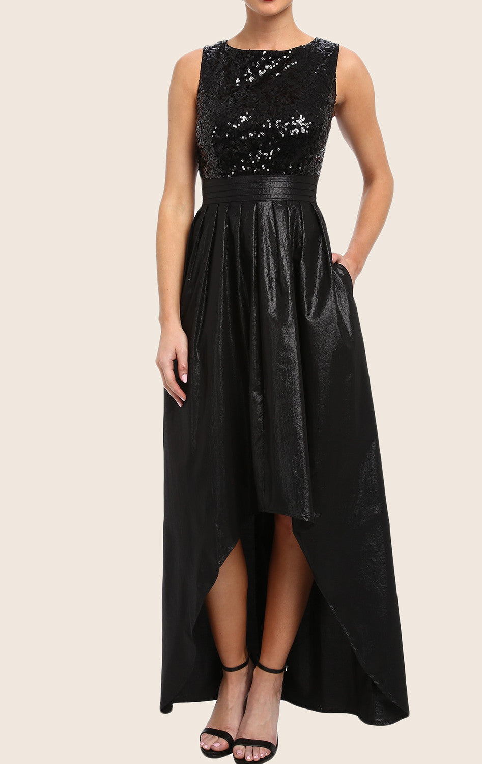MACloth Straps O Neck High Low Prom Dress Black Sequin Taffeta Formal Gown