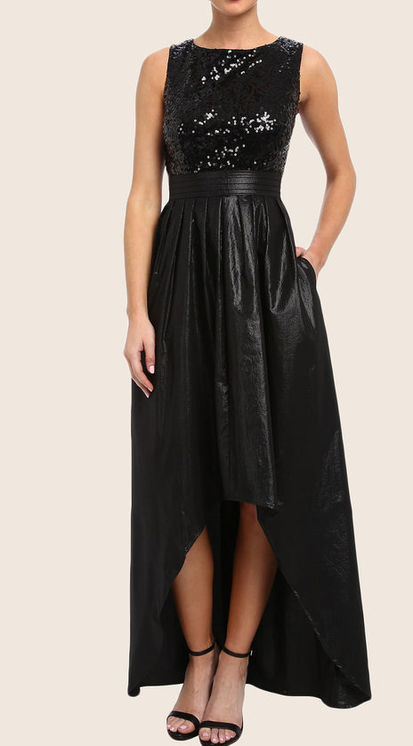 MACloth Straps O Neck High Low Prom Dress Black Sequin Taffeta Formal Gown