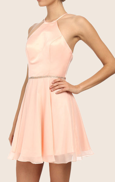 MACloth Halter Satin Chiffon Cocktail Dress Pink Short Bridesmaid Dress