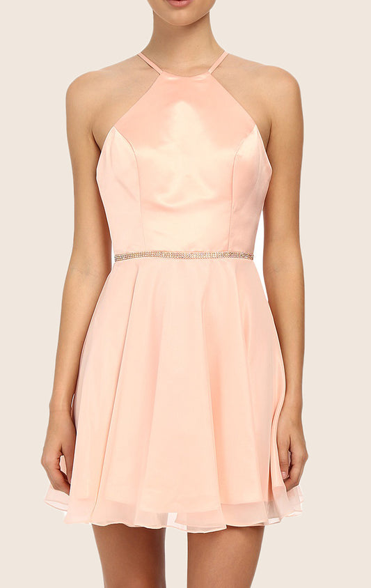Vestido de cóctel de gasa satinada con cuello halter de MACloth, vestido de dama de honor corto rosa