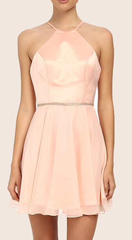 MACloth Halter Satin Chiffon Cocktail Dress Pink Short Bridesmaid Dress