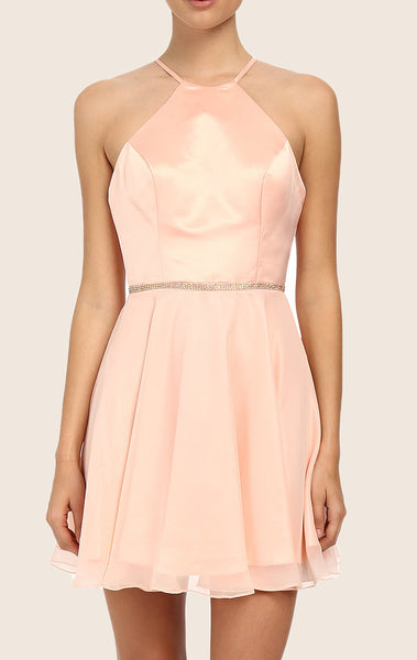 MACloth Halter Satin Chiffon Cocktail Dress Pink Short Bridesmaid Dress
