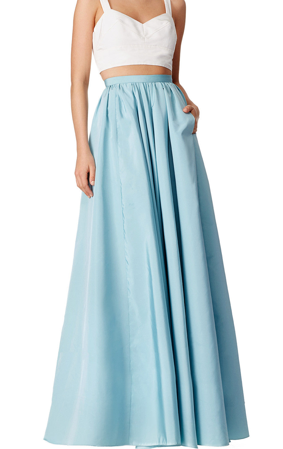 Vestido de fiesta largo de satén con escote en V y tirantes de MACloth de dos piezas en azul cielo