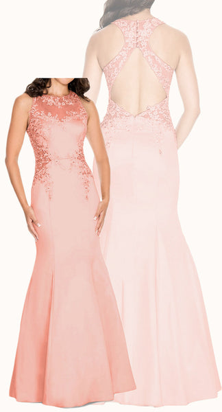 MACloth Mermaid High Neck Lace Satin Prom Dress Blush Pink Formal Evening Gown