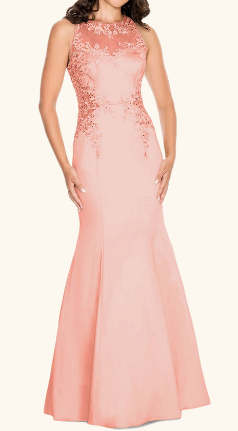 MACloth Mermaid High Neck Lace Satin Prom Dress Blush Pink Formal Evening Gown