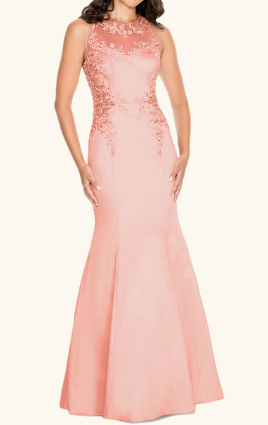 MACloth Mermaid High Neck Lace Satin Prom Dress Blush Pink Formal Evening Gown