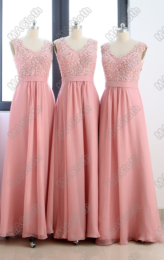 Vestido de fiesta largo de gasa con escote en V y tirantes MACloth, de encaje y espalda abierta, color rosa ruborizado