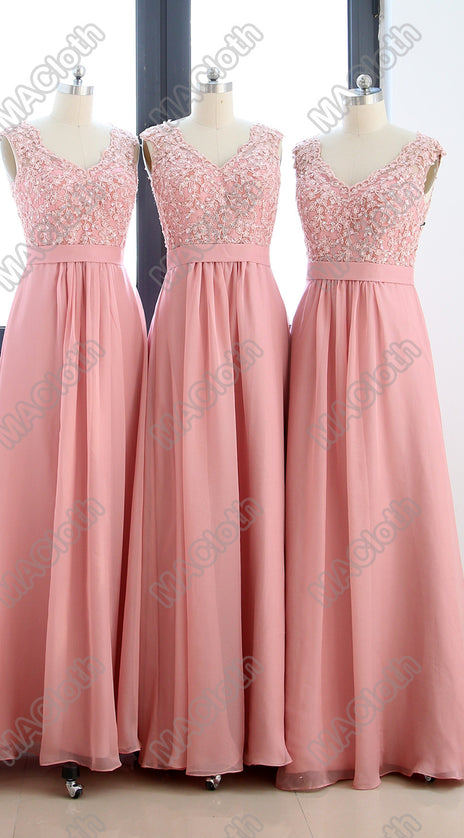 MACloth Straps V Neck Lace Chiffon Long Prom Dress with Open Back Blush Pink Formal Gown