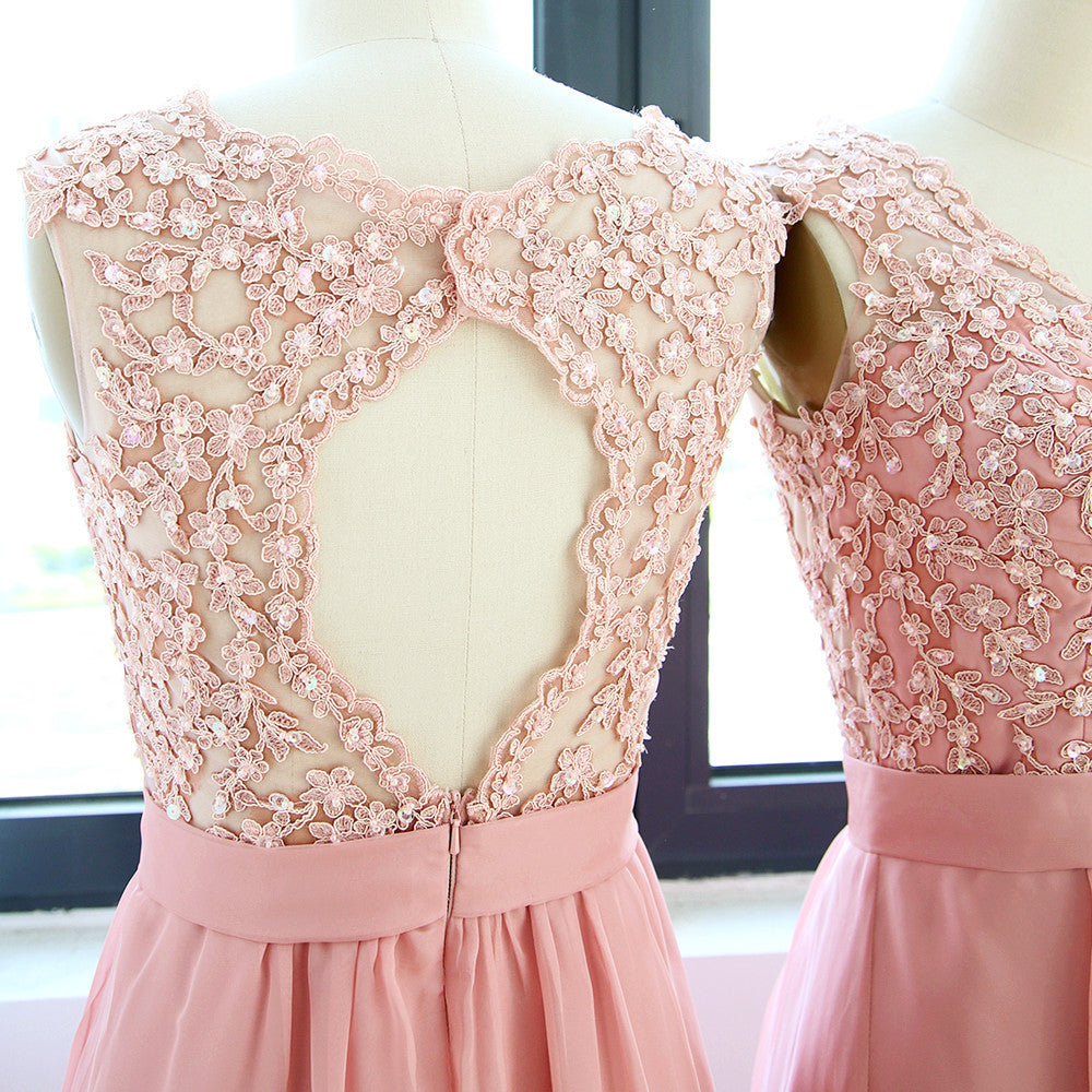 MACloth Träger V-Ausschnitt Spitze Chiffon Langes Ballkleid mit offenem Rücken Zartrosa Abendkleid