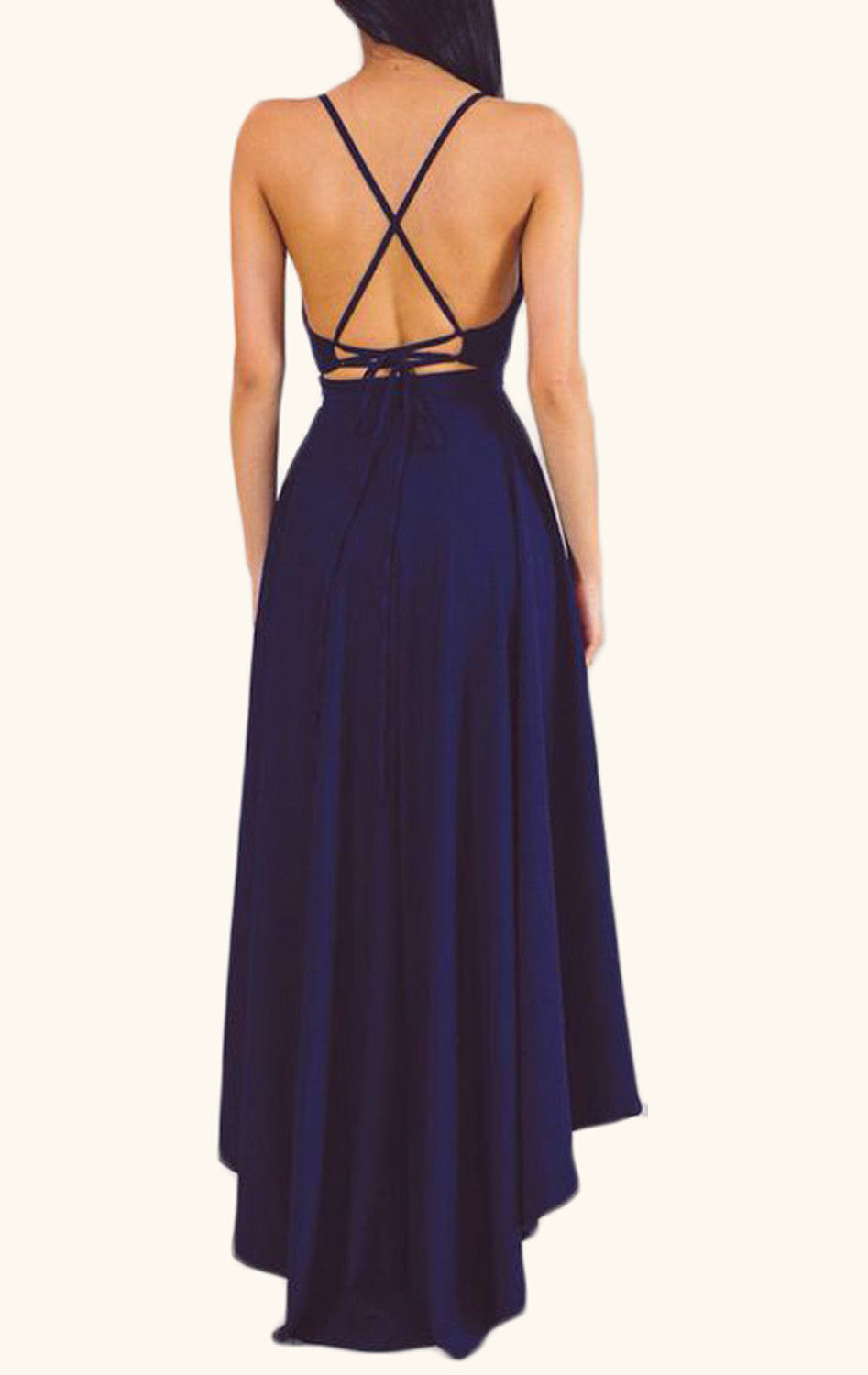 MACloth Deep V Neck Hi-Lo Cocktail Dress Dark Navy Formal Gown