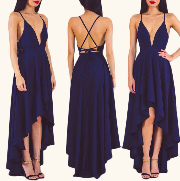 MACloth Deep V Neck Hi-Lo Cocktail Dress Dark Navy Formal Gown