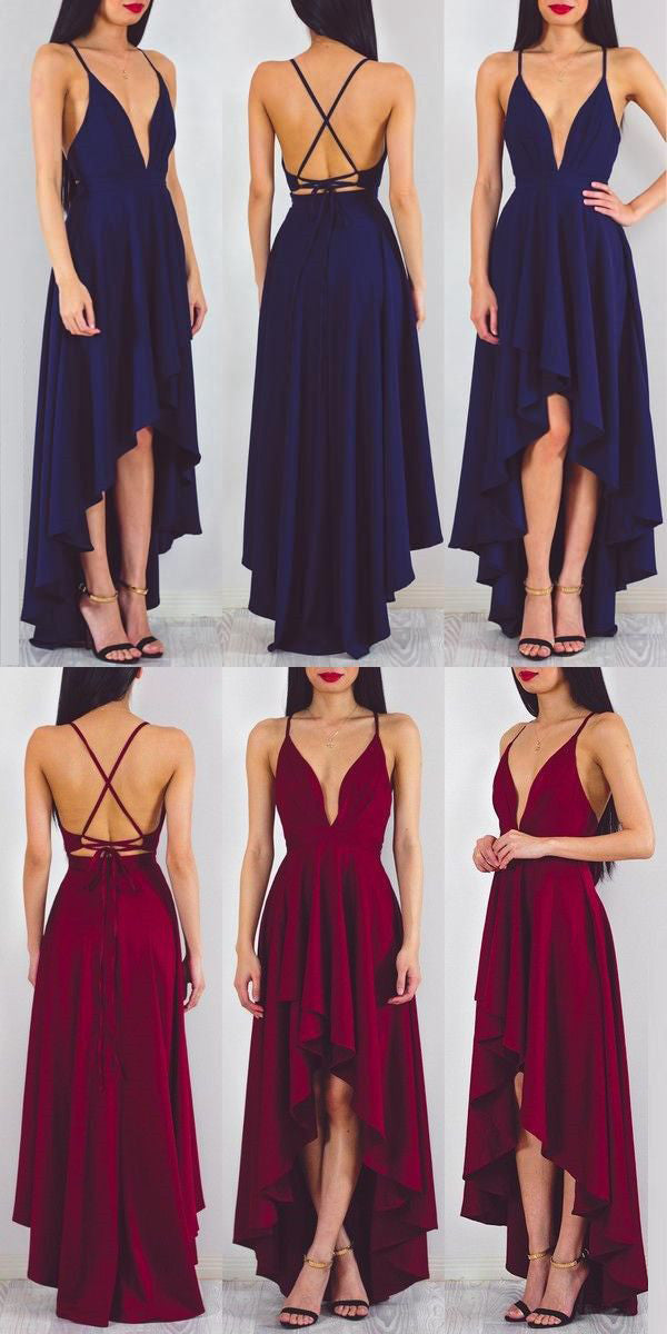 MACloth Deep V Neck Hi-Lo Cocktail Dress Dark Navy Formal Gown