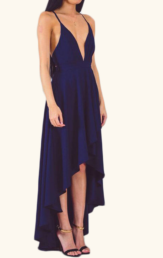 MACloth Deep V Neck Hi-Lo Cocktail Dress Dark Navy Formal Gown