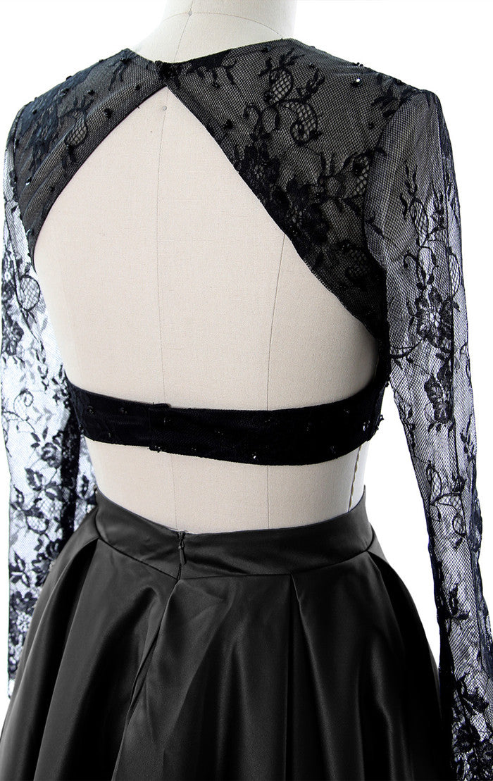 Vestido de cóctel de encaje de manga larga de dos piezas MACloth, vestido formal para fiesta de boda en color fucsia