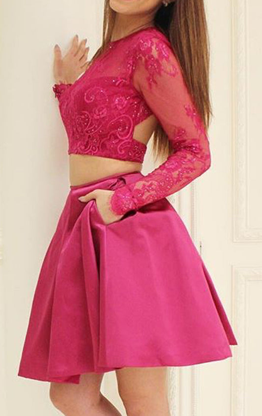 Vestido de cóctel de encaje de manga larga de dos piezas MACloth, vestido formal para fiesta de boda en color fucsia