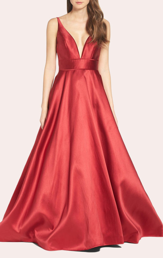 MACloth Straps V Neck Red Ball Gown Satin Prom Formal Gown