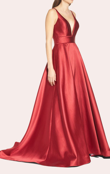 MACloth Straps V Neck Red Ball Gown Satin Prom Formal Gown