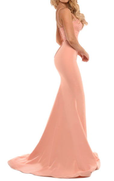 MACloth Mermaid Spaghetti Straps Lace Jersey Prom Gown Long Bridesmaid Dress