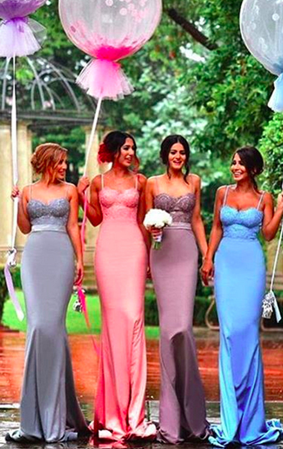 MACloth Mermaid Spaghetti Straps Lace Jersey Prom Gown Long Bridesmaid Dress