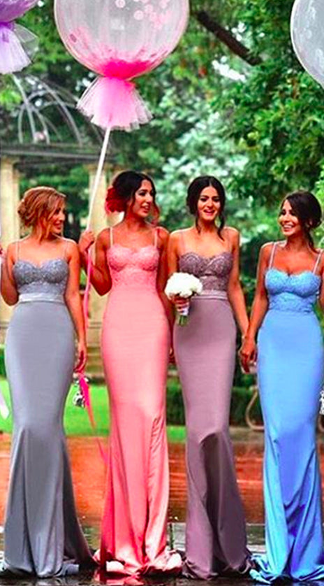 MACloth Mermaid Spaghetti Straps Lace Jersey Prom Gown Long Bridesmaid Dress