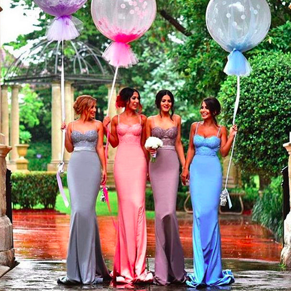 MACloth Mermaid Spaghetti Straps Lace Jersey Prom Gown Long Bridesmaid Dress
