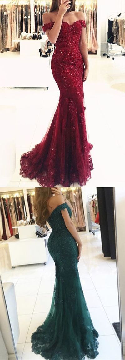 MACloth Mermaid Off the Shoulder Lace Prom Dress Burgundy Formal Evening Gown