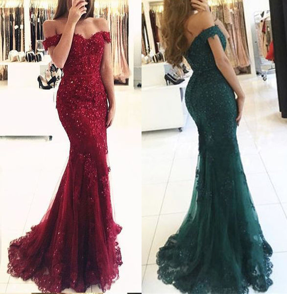 MACloth Mermaid Off the Shoulder Lace Prom Dress Burgundy Formal Evening Gown