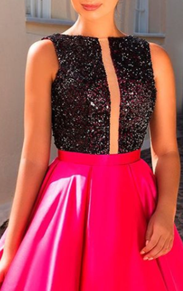 MACloth O Neck Sequin Fuchsia Long Prom Dress Formal Evening Gown