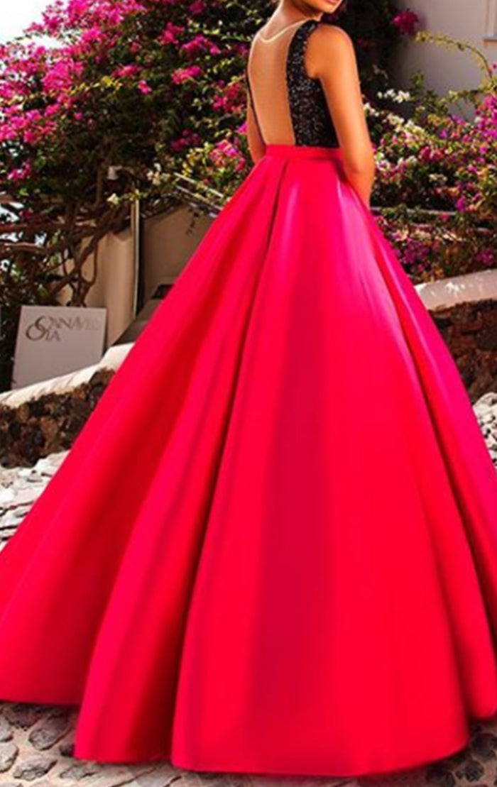 MACloth O Neck Sequin Fuchsia Long Prom Dress Formal Evening Gown
