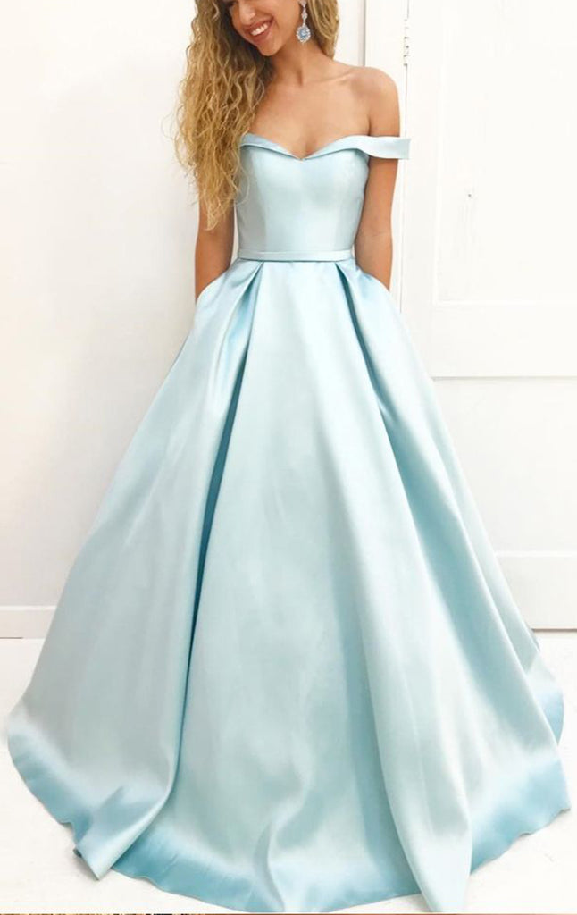 MACloth Off the Shoulder Ball Gown Sky Blue Prom Dress Satin Formal Evening Gown