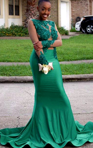 MACloth Mermaid Long Sleeves Lace Satin Prom Dress Green Formal Evening Gown