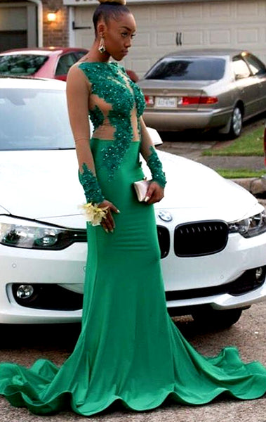MACloth Mermaid Long Sleeves Lace Satin Prom Dress Green Formal Evening Gown