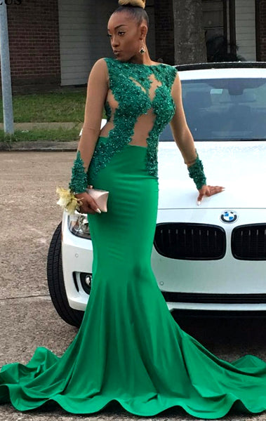 MACloth Mermaid Long Sleeves Lace Satin Prom Dress Green Formal Evening Gown