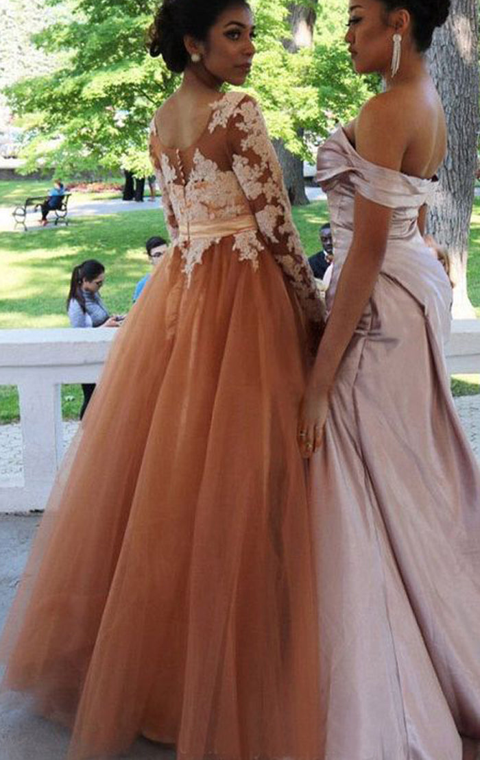 MACloth Long Sleeves Lace Tulle Peach Prom Dress Peach Formal Evening MACloth Long Sleeves Lace Tulle Peach Prom Dress Peach Formal Evening