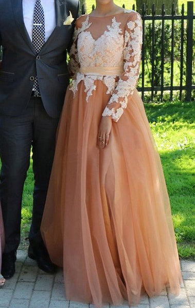 MACloth Long Sleeves Lace Tulle Peach Prom Dress Peach Formal Evening Gown 10795