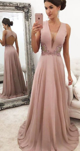 MACloth Deep V Neck Chiffon Lace Long Prom Dress Blue Formal Evening Gown