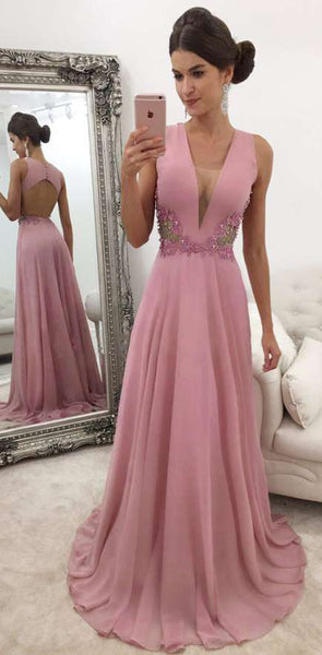 MACloth Deep V Neck Chiffon Lace Long Prom Dress Blue Formal Evening Gown
