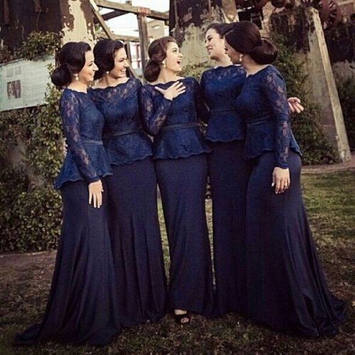 MACloth Mermaid Long Sleeves Lace Jersey Dark Navy Bridesmaid Dress Wedding Party Evening Gown