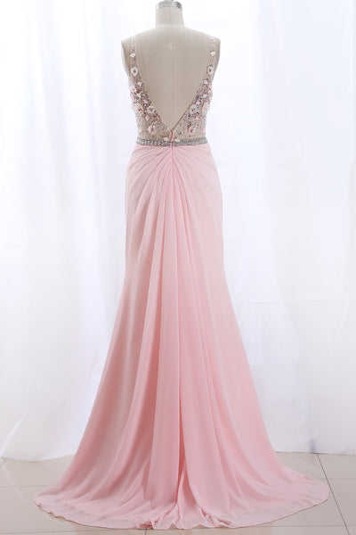 MACloth Straps V Neck Illusion Pink Long Prom Dress Formal Evening Gown