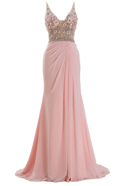 MACloth Straps V Neck Illusion Pink Long Prom Dress Formal Evening Gown