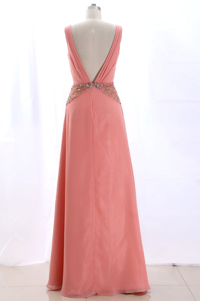MACloth Straps V Neck Beaded Long Formal Evening Gown Peach Wedding Party Dress