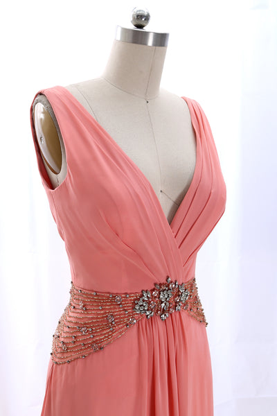 MACloth Straps V Neck Beaded Long Formal Evening Gown Peach Wedding Party Dress