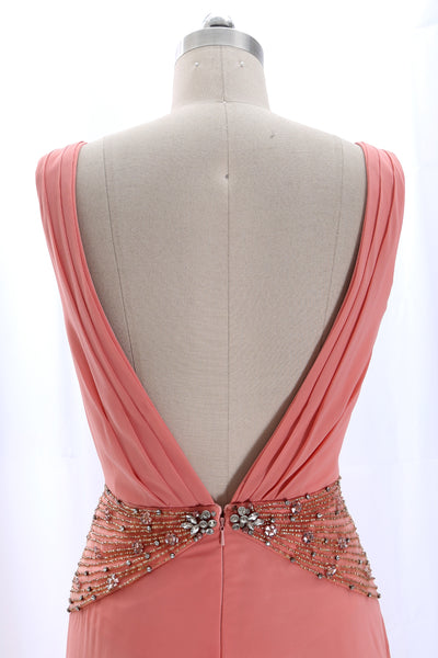MACloth Straps V Neck Beaded Long Formal Evening Gown Peach Wedding Party Dress
