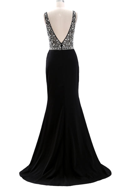 MACloth Deep V Neck Beaded Black Long Prom Dress Crepe Formal Evening Gown
