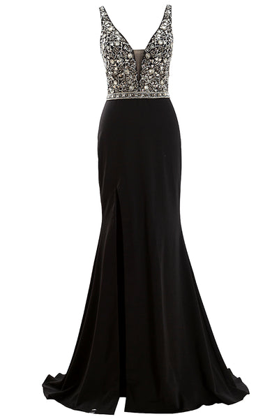 MACloth Deep V Neck Beaded Black Long Prom Dress Crepe Formal Evening Gown