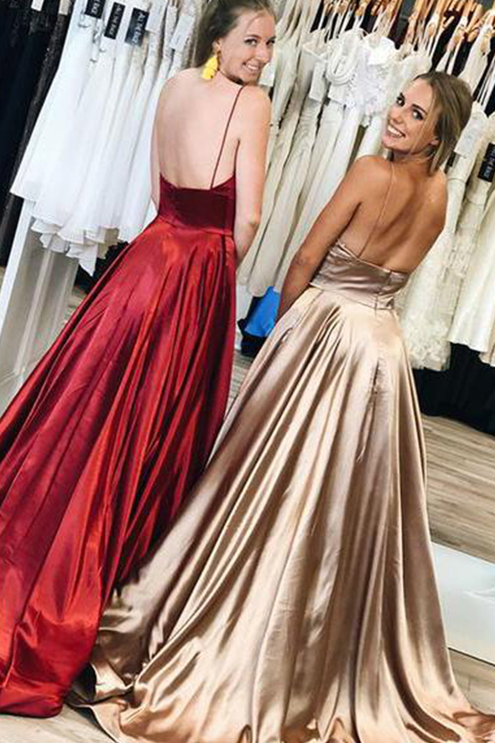 MACloth Träger V-Ausschnitt Satin Langes Ballkleid Burgunderrot Formales Abendkleid