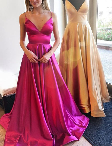 MACloth Straps V Neck Satin Long Prom Dress Burgundy Formal Evening Gown