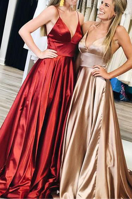 Vestido de fiesta largo de satén con escote en V y tirantes MACloth, vestido de noche formal color burdeos