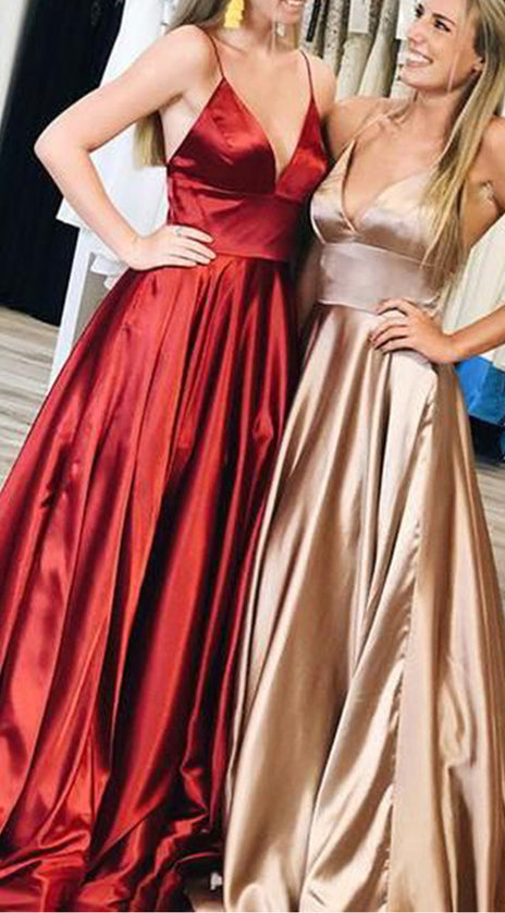 MACloth Straps V Neck Satin Long Prom Dress Burgundy Formal Evening Gown